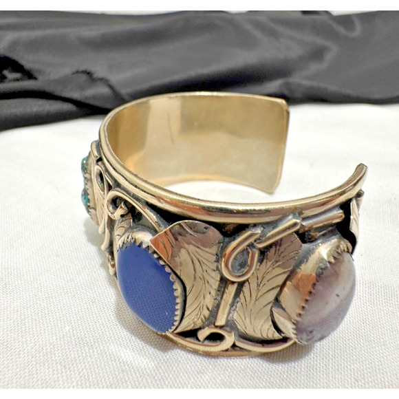 Large Southwestern Cuff Bracelet Nickel Silver Multi Stones Turquoise Chunky Vtg - Picture 6 of 12
